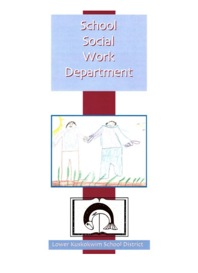 School Social Work Department brochure with child drawing and Lower Kuskokwim School District logo featuring a fish.